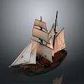 Vintage Wooden Sailing Ship Model With White Sails And Historical Design