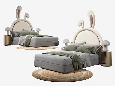 Children's Bed with Rabbit Ear Headboard Gray Frame Golden Nightstands White Lamps Round Woven Rugs 3d model