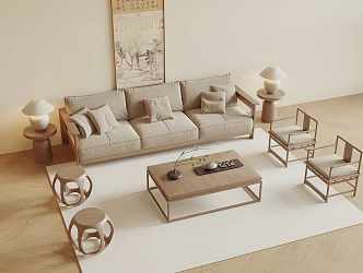 Song's New Chinese Style Sofa Coffee Table Combination Solid Wood Sofa Three-Seat Sofa Table Lamp Hanging Picture Leisure Chair 3d model