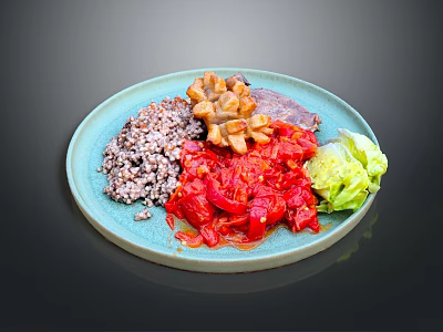Healthy Balanced Food Plate With Purple Rice Stewed Tomatoes Beef And Lettuce 3d model