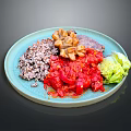 Healthy Balanced Food Plate With Purple Rice Stewed Tomatoes Beef And Lettuce