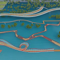 Scenic Winding Landscape Bridge With Waterfront Greenery And Curved Pathway