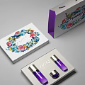 Elegant Decorative Ornament Set With Floral Patterns Purple Boxes And VIC Branded Bottles