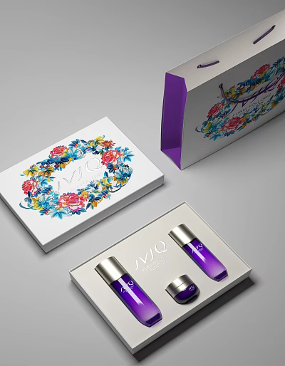 Elegant Decorative Ornament Set With Floral Patterns Purple Boxes And VIC Branded Bottles 3d model