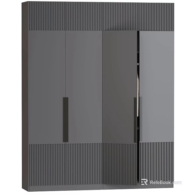 Modern Gray Wardrobe Interior Design With Striped Door Panels And Black Handles 3d model 