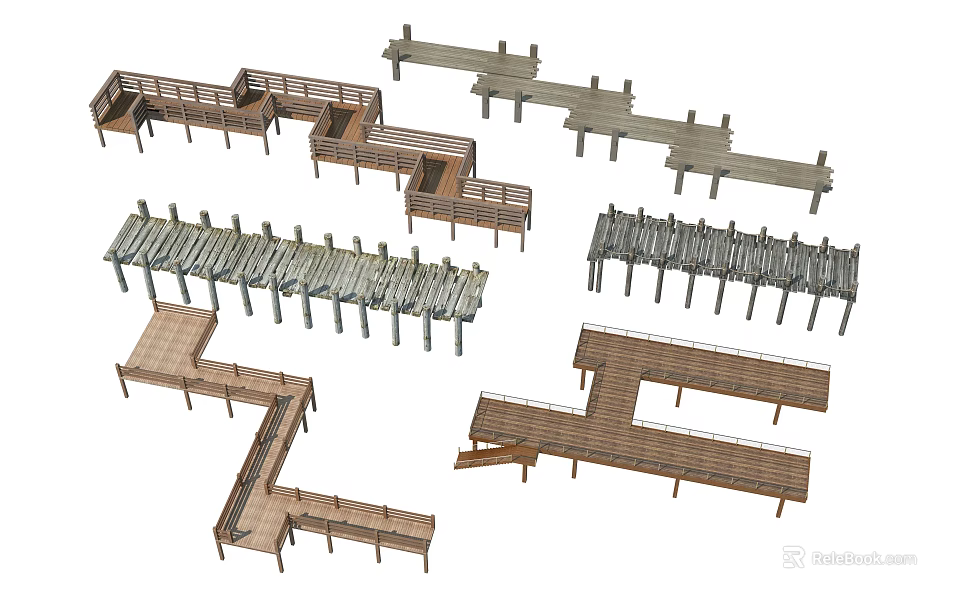 Diverse Road Infrastructure Designs Including Wooden Boardwalks Concrete Platforms And Structural Components 3d model
