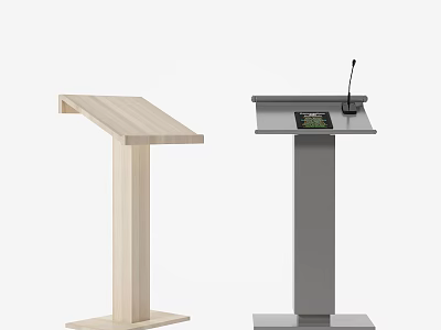 Two Modern Podiums Featuring Light Wooden And Gray Metal Designs With Display Screen And Microphone 3d model