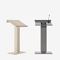 Two Modern Podiums Featuring Light Wooden And Gray Metal Designs With Display Screen And Microphone
