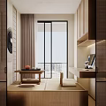 Modern Living Dining Room Interior with Open Kitchen Cabinets Marble Countertop and Blinds