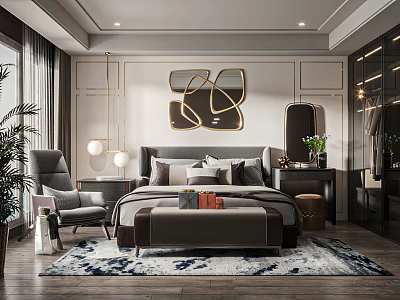 Elegant Modern Bedroom Interior Design With Comfortable Bed Nightstand And Decorative Artwork 3d model