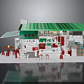 Small Shop Model Interior With Green Roof Red Tables Chairs Counter And Shelves