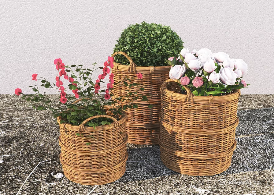 Three Woven Rattan Storage Baskets with Green Plants Pink and White Flowers for Home Decor 3d model 