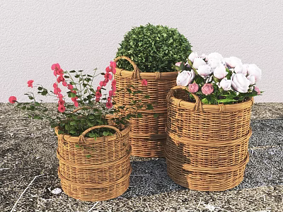 Three Woven Rattan Storage Baskets with Green Plants Pink and White Flowers for Home Decor 3d model