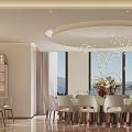 Elegant Private Dining Room With Round Table White Chairs Marble Backdrop And Chandelier 3d model
