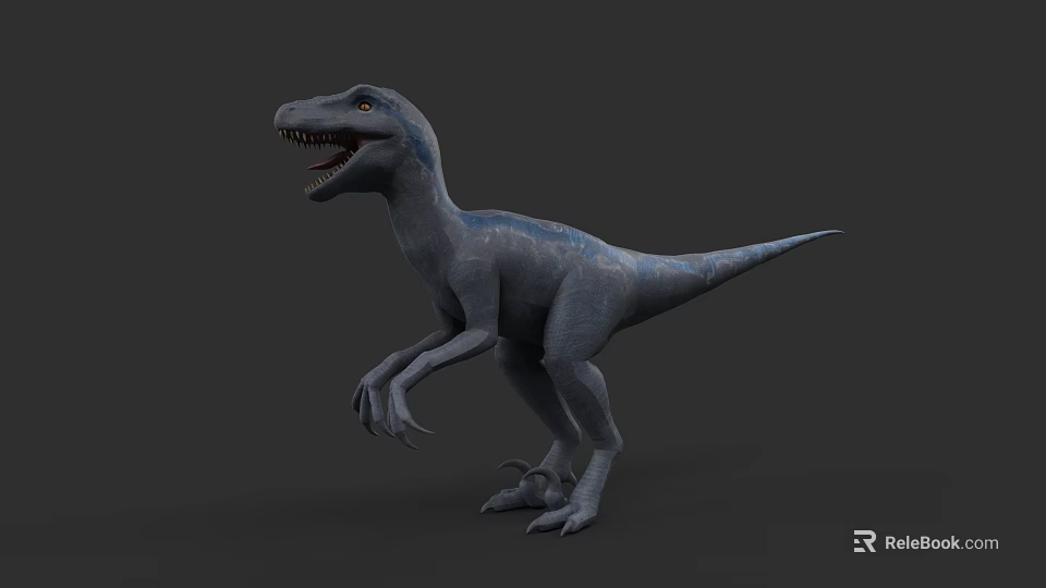 Gray Reptile Dinosaur Model With Blue Stripes Open Mouth Sharp Teeth And Claws Standing 3d model 