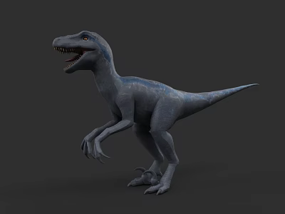 Gray Reptile Dinosaur Model With Blue Stripes Open Mouth Sharp Teeth And Claws Standing 3d model