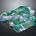 Detailed 3D Mountainous Terrain Model Featuring Vegetation Roads And Water Bodies