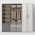 Modern Wardrobe Design With Gray And White Finish Hanging Rods Shelves Drawers And LED Lighting