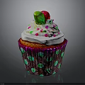 Red Cupcake With White Frosting Colorful Sprinkles Fruit Shaped Topper And Pink Polka Dot Wrapper