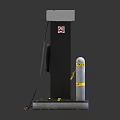 Red and Black Gas Station Fuel Pump with Yellow Warning Posts and Concrete Base