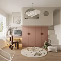 Modern Kids Room With Loft Bed Staircase Transparent Spiral Slide Pink Cabinets And Round Rug