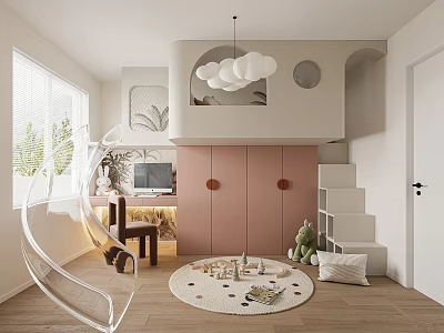 Modern Kids Room With Loft Bed Staircase Transparent Spiral Slide Pink Cabinets And Round Rug 3d model