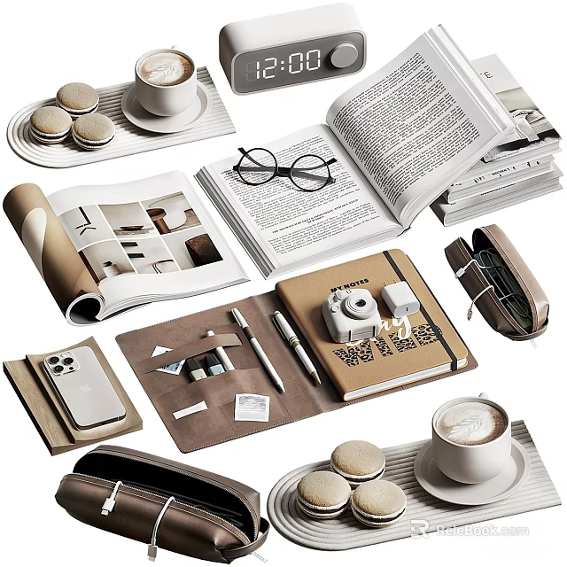 Elegant Decorative Accessory Set With Coffee Cup Macarons Eyeglasses Books Notebook Camera Phone And Pen 3d model 