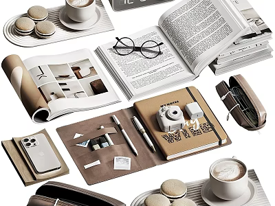 Elegant Decorative Accessory Set With Coffee Cup Macarons Eyeglasses Books Notebook Camera Phone And Pen 3d model