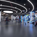 Modern Fitness Gym Interior With Curved Lighting Yellow Floor Lines And Strength Equipment