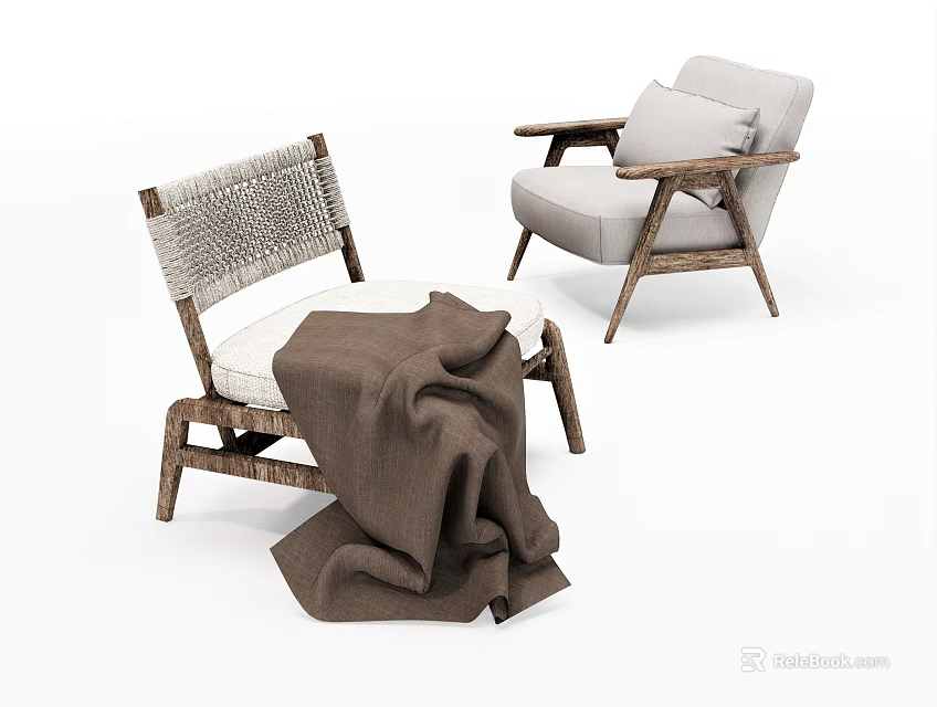 Modern Single Sofa With Wooden Frame Woven Backrest And Brown Blanket 3d model 