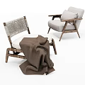 Modern Single Sofa With Wooden Frame Woven Backrest And Brown Blanket