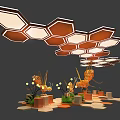 Live Stream Room With Honeycomb Shaped Ceiling Lighting Orange Decorative Plants And Geometric Bases