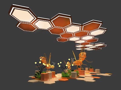 Live Stream Room With Honeycomb Shaped Ceiling Lighting Orange Decorative Plants And Geometric Bases 3d model