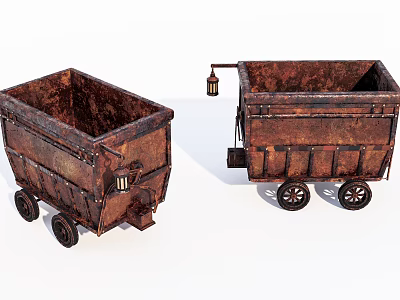 Vintage Rusty Mine Carts With Wooden Frames Wheels And Hanging Lanterns 3d model