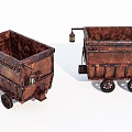 Vintage Rusty Mine Carts With Wooden Frames Wheels And Hanging Lanterns 3d model