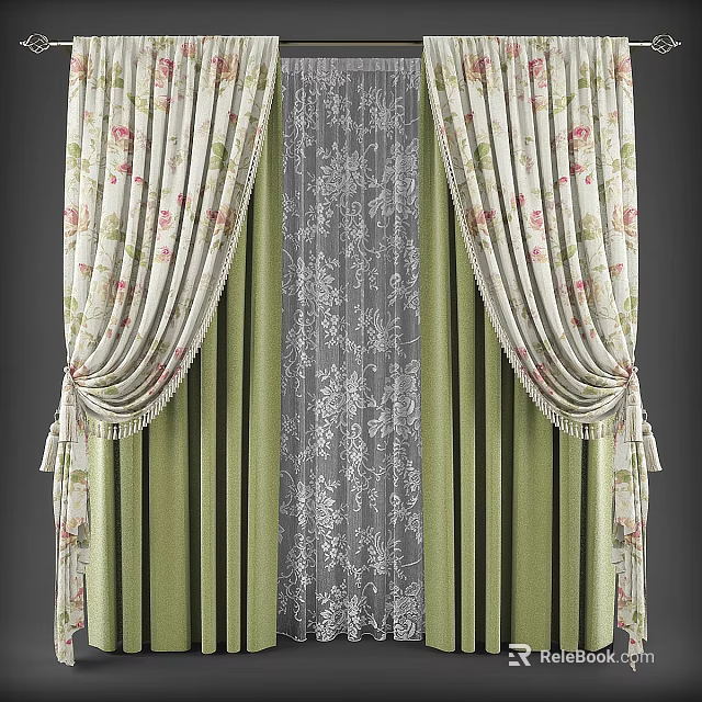 Elegant Floral Pattern Curtains With Lace Sheer Panel And Decorative Tiebacks 3d model 