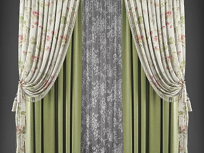 Elegant Floral Pattern Curtains With Lace Sheer Panel And Decorative Tiebacks 3d model