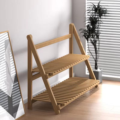 Wooden Storage Shelf With Minimalist Design For Indoor Use Near Plant And Window 3d model