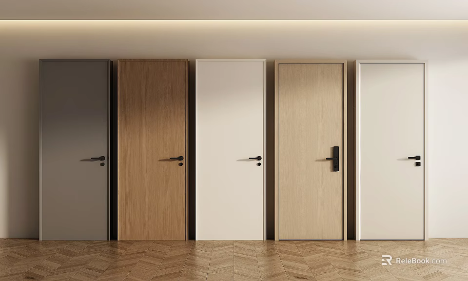 Gray Wooden White and Beige Hinged Doors in Modern Home Interior with Herringbone Wood Floor 3d model 