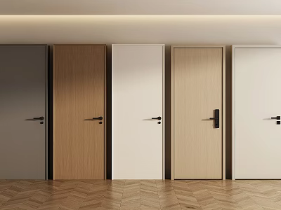 Gray Wooden White and Beige Hinged Doors in Modern Home Interior with Herringbone Wood Floor 3d model