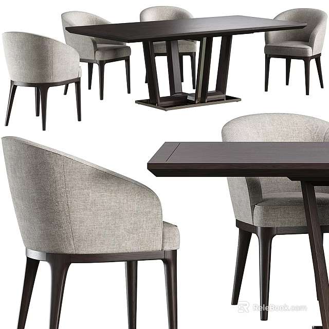 Sleek Modern Dining Table Set With Dark Wooden Table And Light Gray Fabric Chairs 3d model 