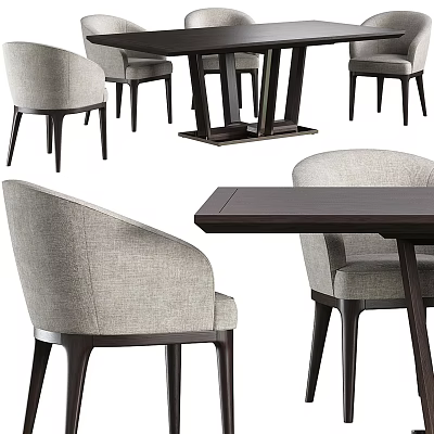 Sleek Modern Dining Table Set With Dark Wooden Table And Light Gray Fabric Chairs 3d model