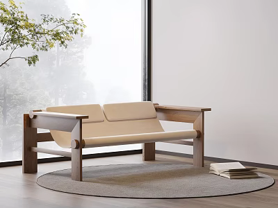 Modern Leisure Chair With Wooden Frame Beige Cushion On Round Gray Rug By Window 3d model