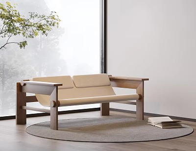 Modern Leisure Chair With Wooden Frame Beige Cushion On Round Gray Rug By Window 3d model