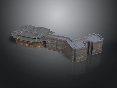 Traditional Architecture With Multi layered Roof Circular Structure And Stone Wall Gray Tiles 3d model