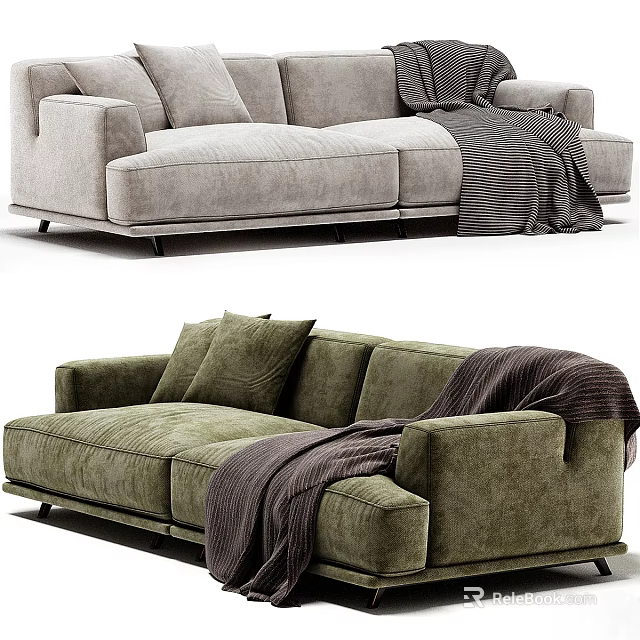 Modern Cozy Light Gray And Green Velvet Sectional Sofa With Throw Blanket 3d model 