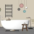 White Bathtub In Modern Bathroom With Wooden Stool Towels Black Radiator And Hanging Decorative Balls