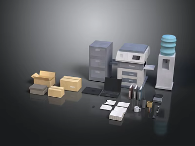 Office Workspace Components With Filing Cabinet Printer Water Dispenser And Cardboard Boxes 3d model