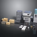 Office Workspace Components With Filing Cabinet Printer Water Dispenser And Cardboard Boxes