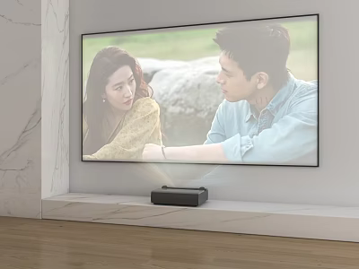 Modern Wall Mounted TV in Living Room with Outdoor Scene and Soundbar on Wooden Floor 3d model